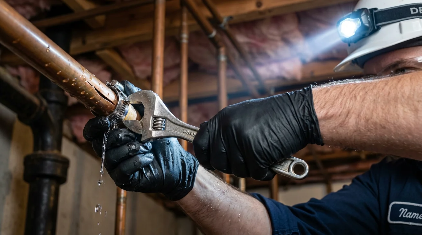 Emergency pipe clamp repair being performed by a Johns Plumbing LLC plumber in Munday
