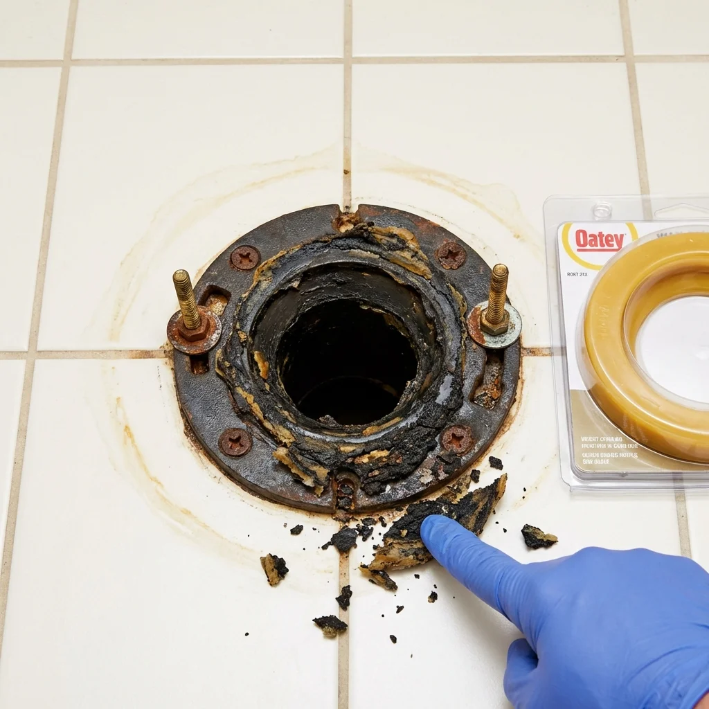 Failed wax ring showing water seepage at the base of a toilet in a Munday, TX home