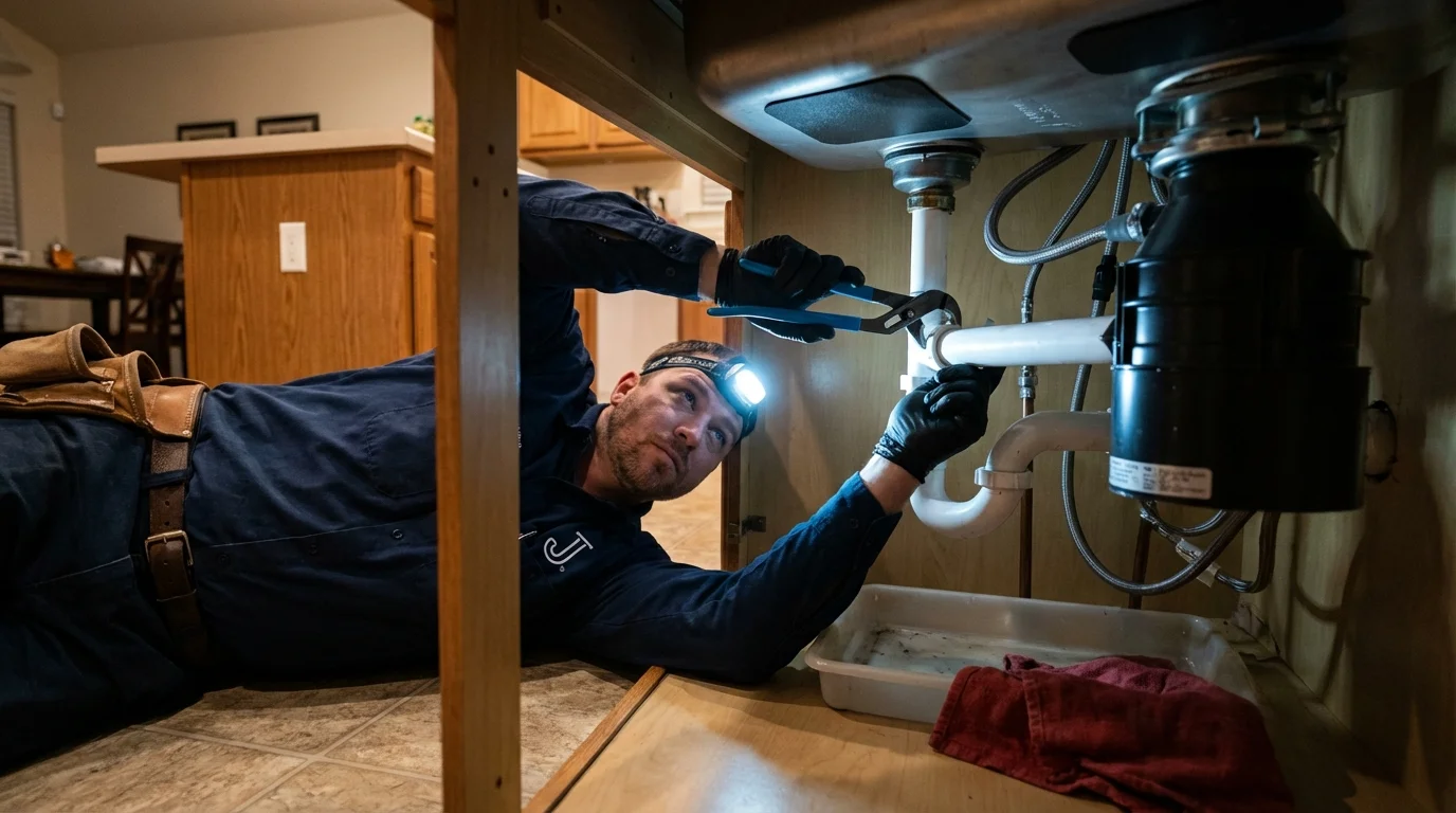 P-trap and supply line connections under a kitchen sink showing a common leak point in Munday, TX